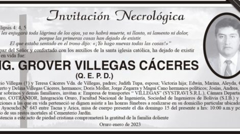 Invitación Necrológica Ing. Grover Villegas Cáceres