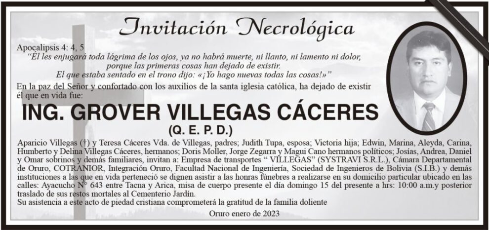 Invitación Necrológica Ing. Grover Villegas Cáceres