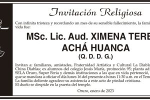 Invitación Religiosa en memoria de Ximena Teresa Achá Huanca