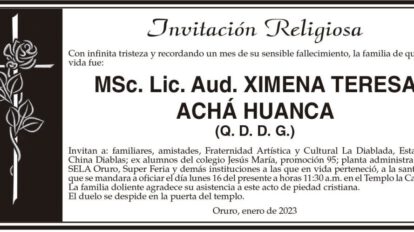 Invitación Religiosa en memoria de Ximena Teresa Achá Huanca