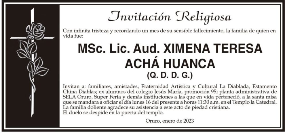 Invitación Religiosa en memoria de Ximena Teresa Achá Huanca