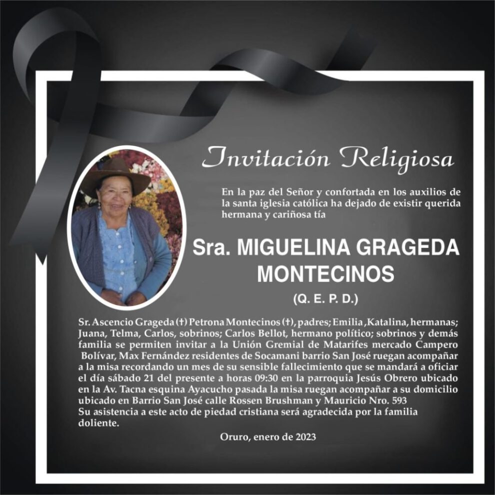 Misa recordatoria por MIGUELINA GRAGEDA MONTECINOS