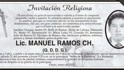 Invitación Religiosa para Lic. Manuel Ramos Ch.