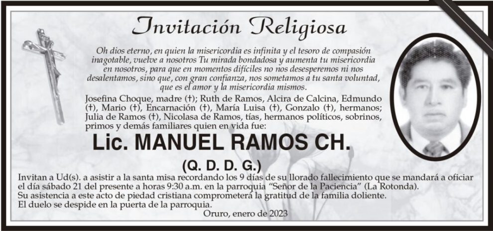 Invitación Religiosa para Lic. Manuel Ramos Ch.