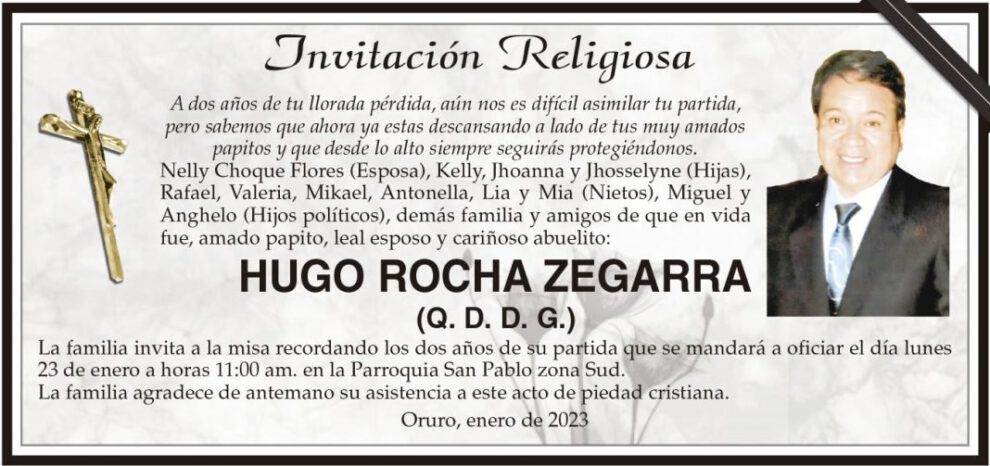 Invitación Religiosa para Hugo Rocha Zegarra