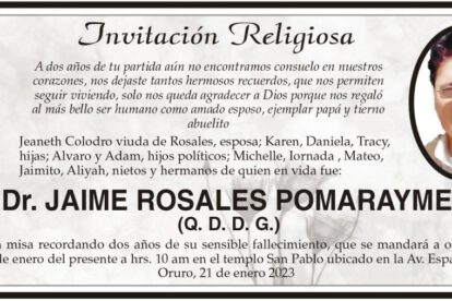 Invitación Religiosa para Dr. Jaime Rosales Pomarayme