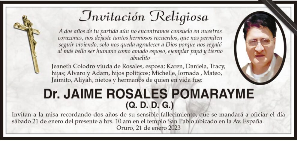 Invitación Religiosa para Dr. Jaime Rosales Pomarayme