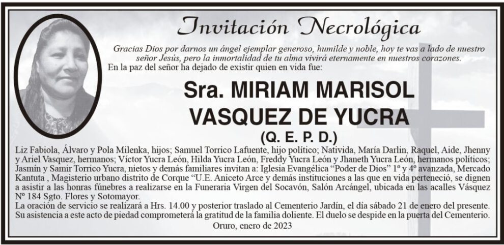 Invitación Necrológica de Miriam Marisol Vasquez de Yucra