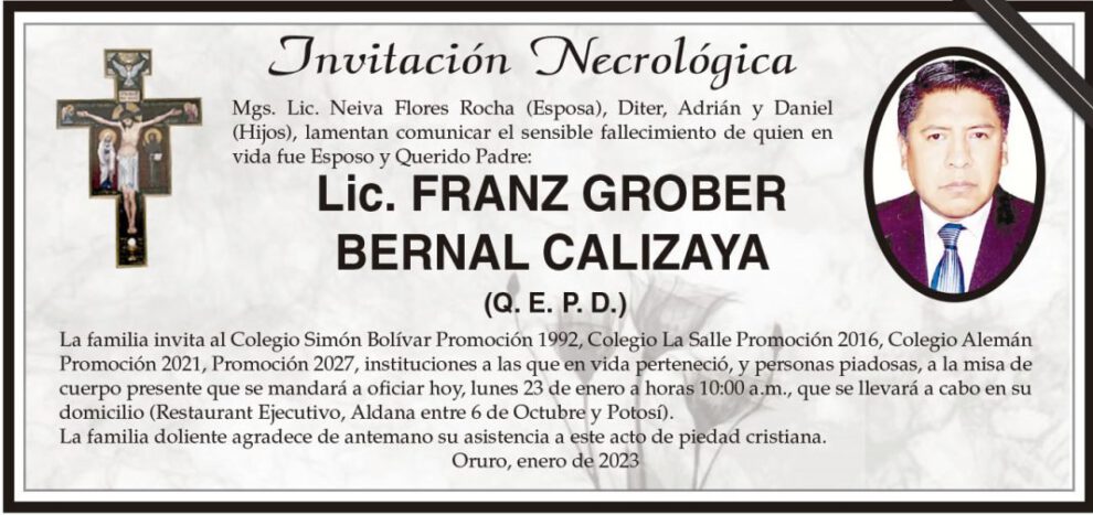 Invitación Necrológica Lic. Franz Grober Bernal Calizaya
