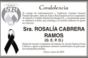 Condolencia por la Sra. Rosalía Cabrera Ramos