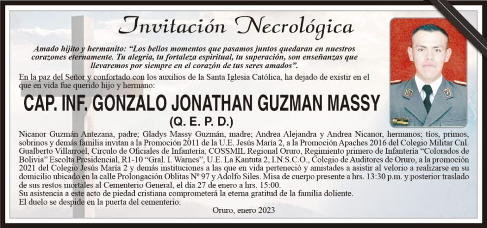 Invitación Necrológica de CAP. INF. GONZALO JONATHAN GUZMAN MASSY