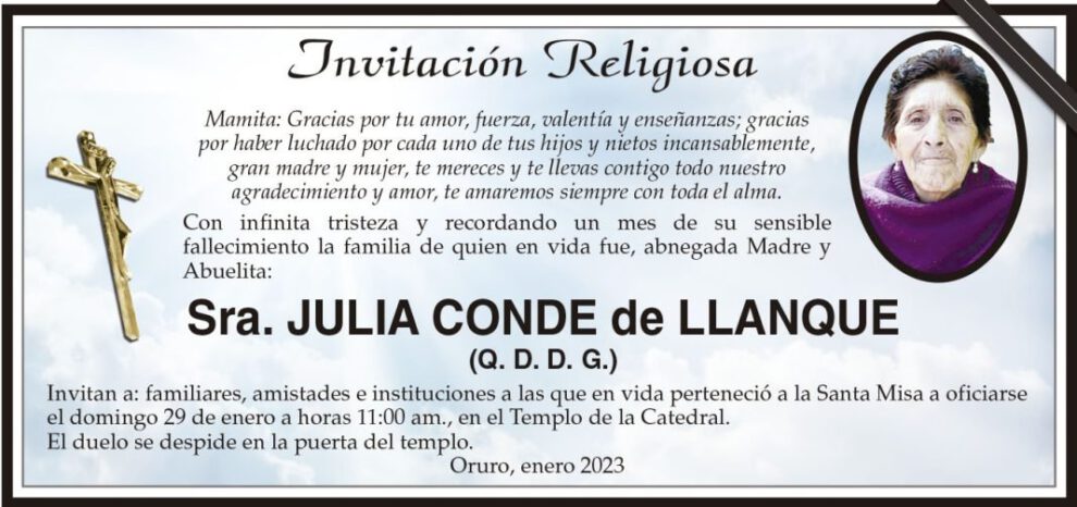 Invitación Religiosa para Sra. Julia Conde de Llanque