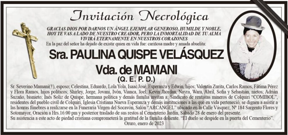 Invitación Necrológica de Paulina Quispe Velásquez