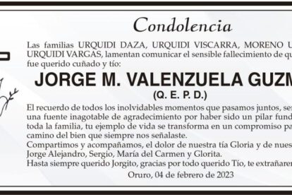Condolencia por el fallecimiento de JORGE M. VALENZUELA GUZMÁN