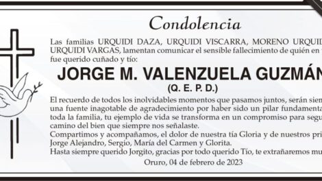 Condolencia por el fallecimiento de JORGE M. VALENZUELA GUZMÁN
