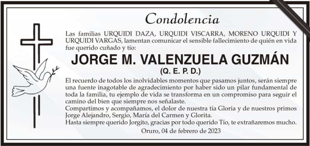 Condolencia por el fallecimiento de JORGE M. VALENZUELA GUZMÁN