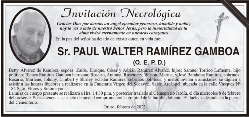 Invitación Necrológica de Paul Walter Ramírez Gamboa