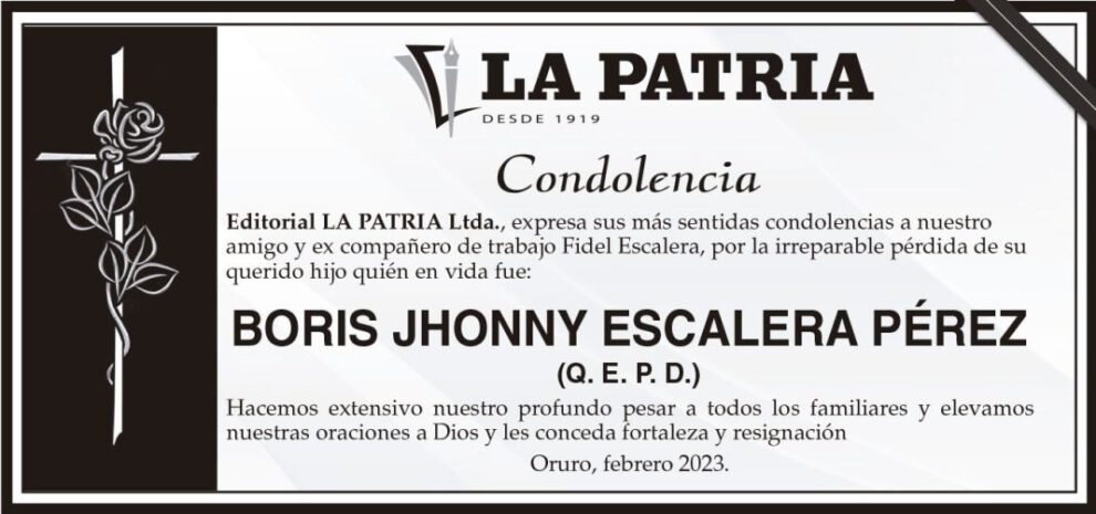 Condolencia por la pérdida de Boris Jhonny Escalera Pérez