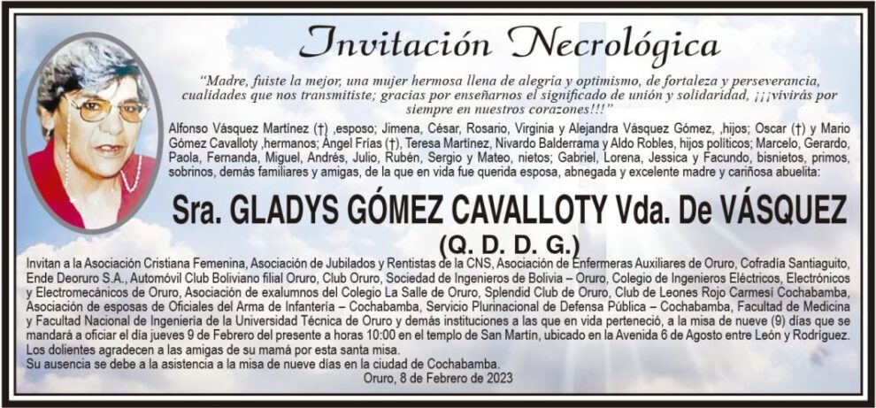 Invitación Necrológica de Gladys Gómez Cavalloty