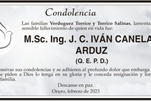 Condolencia por el fallecimiento de Iván Canelas Arduz