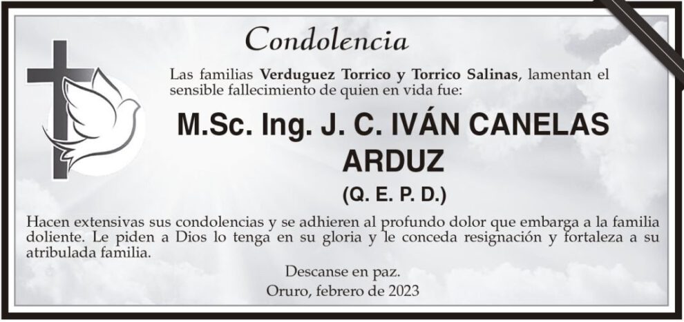 Condolencia por el fallecimiento de Iván Canelas Arduz