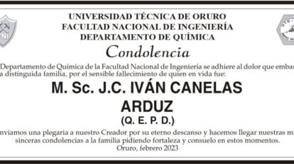 Condolencia por el fallecimiento de M. Sc. J.C. IVÁN CANELAS ARDUZ