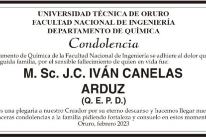 Condolencia por el fallecimiento de M. Sc. J.C. IVÁN CANELAS ARDUZ