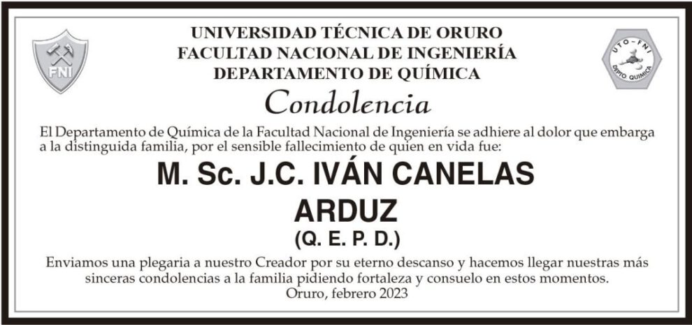 Condolencia por el fallecimiento de M. Sc. J.C. IVÁN CANELAS ARDUZ