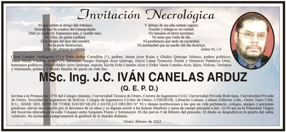 Invitación Necrológica para MSc. Ing. J.C. IVÁN CANELAS ARDUZ
