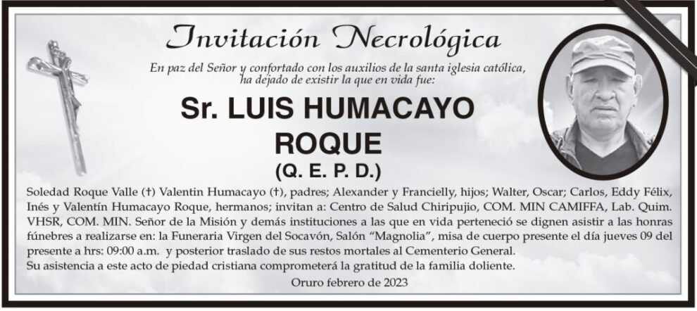 Invitación Necrológica: Sr. Luis Humacayo Roque (Q. E. P. D.)