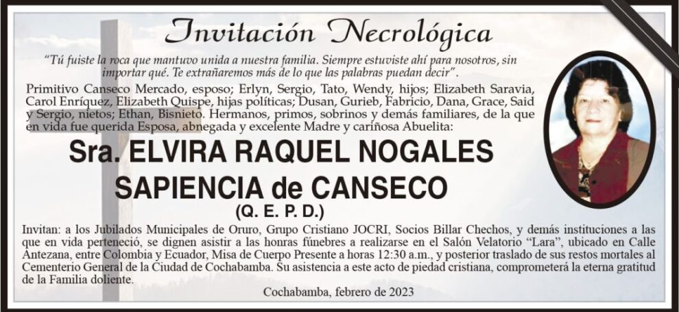 Invitación Necrológica de Elvira Raquel Nogales Sapiência