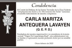 Condolencia por el fallecimiento de Carla Maritza Antequera Lavayen
