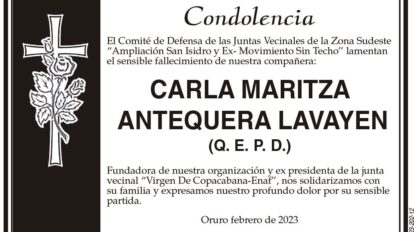 Condolencia por el fallecimiento de Carla Maritza Antequera Lavayen