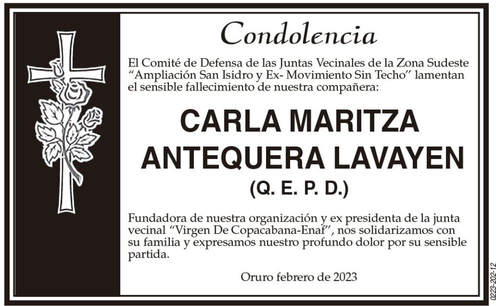 Condolencia por el fallecimiento de Carla Maritza Antequera Lavayen