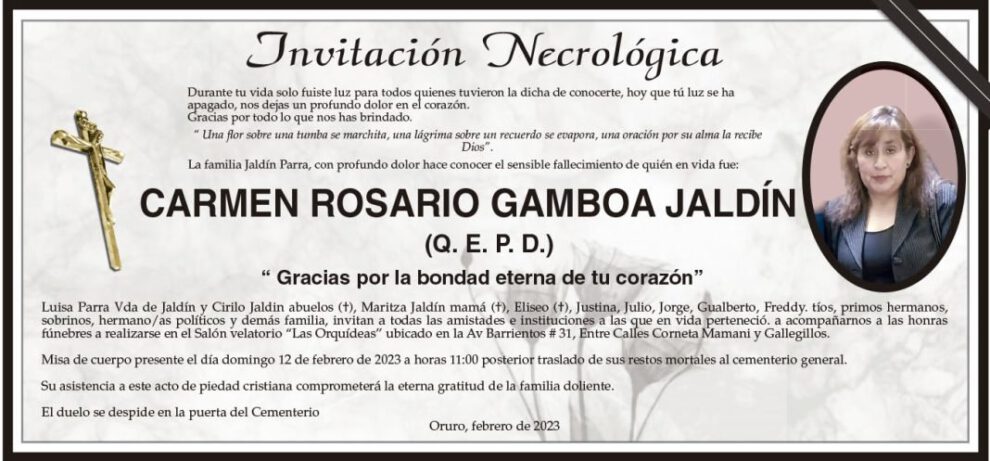 Invitación Necrológica de Carmen Rosario Gamboa Jaldín
