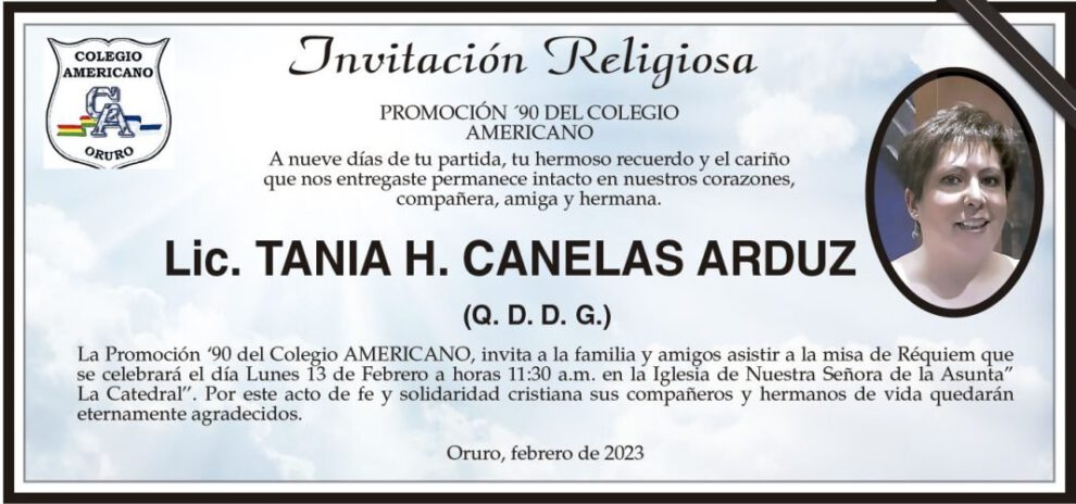 Lic. Tania H. Canelas Arduz invitación religiosa