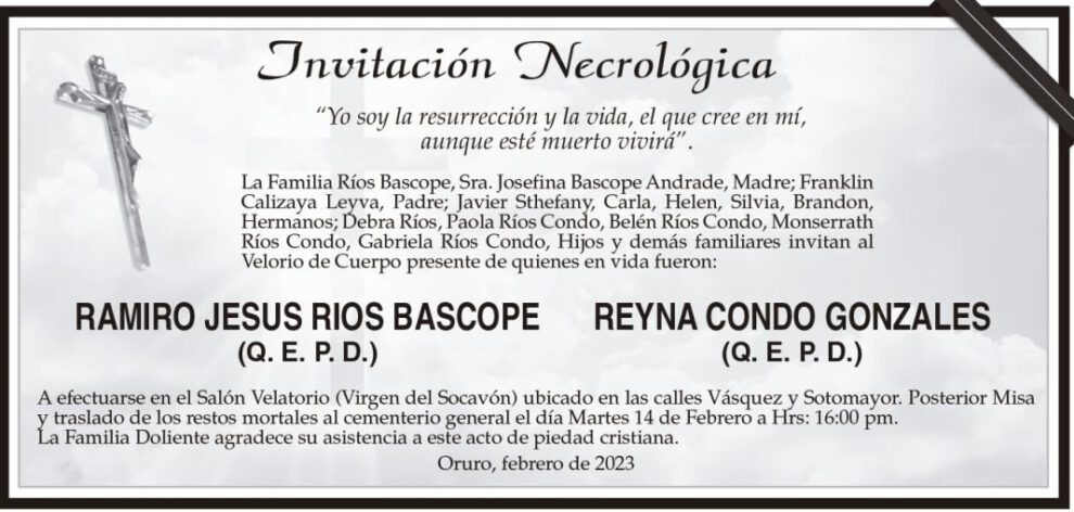 Invitación Necrológica Ramiro Jesus Rios Bascope