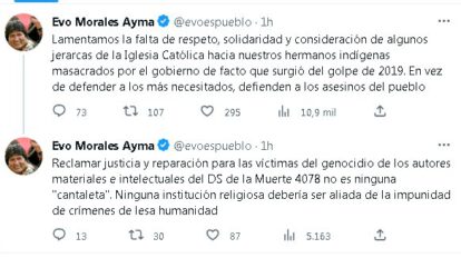 Evo Morales arremete contra la Iglesia Católica en Twitter