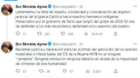 Evo Morales arremete contra la Iglesia Católica en Twitter