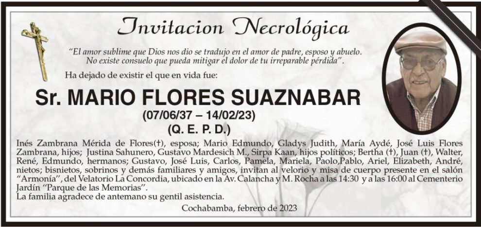 Invitación necrológica para Mario Flores Suaznabar