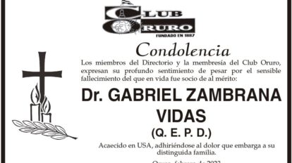 Condolencia por el fallecimiento del Dr. Gabriel Zambrana Vidas