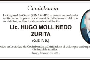 Condolencia por el fallecimiento de Lic. Hugo Mollinedo Zurita