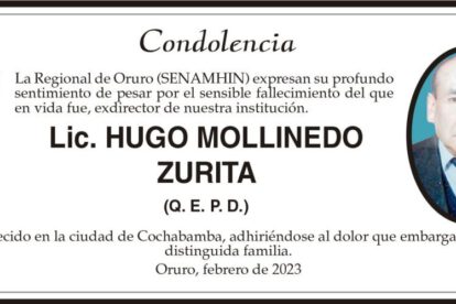 Condolencia por el fallecimiento de Lic. Hugo Mollinedo Zurita