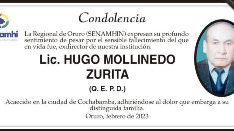 Condolencia por el fallecimiento de Lic. Hugo Mollinedo Zurita