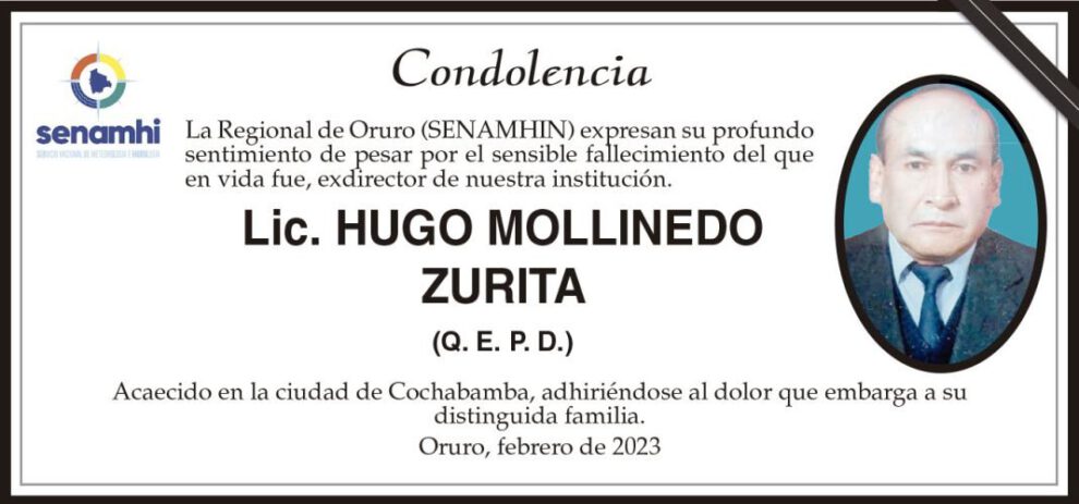 Condolencia por el fallecimiento de Lic. Hugo Mollinedo Zurita