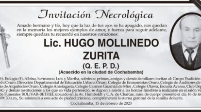 Invitación Necrológica: Lic. Hugo Mollinedo Zurita