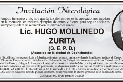 Invitación Necrológica: Lic. Hugo Mollinedo Zurita