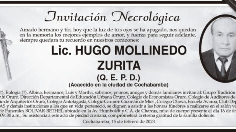 Invitación Necrológica: Lic. Hugo Mollinedo Zurita
