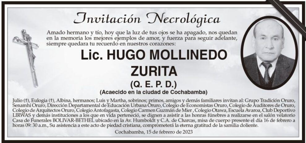 Invitación Necrológica: Lic. Hugo Mollinedo Zurita
