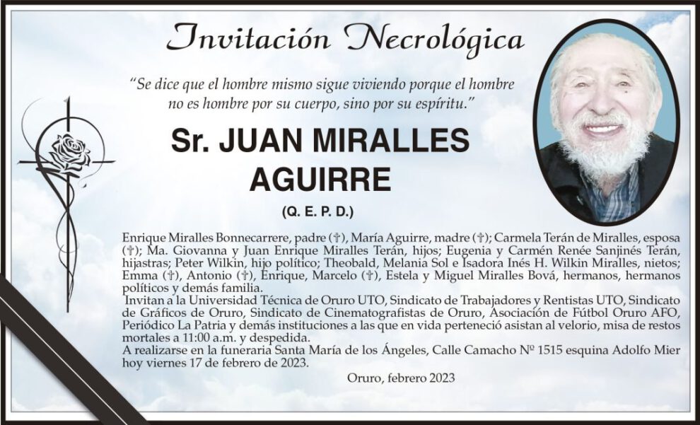 Invitación Necrológica para Juan Miralles Aguirre
